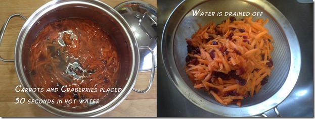 placing grated carrot and dried cranberries ini hot water