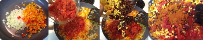 sauteeing, mixing and simmering vegetable bean mix for Mexican Chicken Tortilla Pie