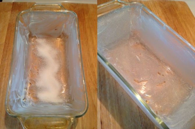 coating a glass baking pan with butter and sugar