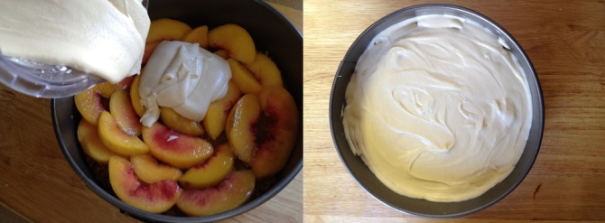 pour batter over peaches and spread