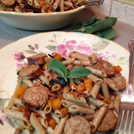 Roasted Butternut Squash and Sausage with Gluten Free Penne Pasta - close up