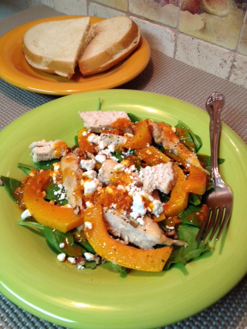 Roasted Chicken and Butternut Squash with Spinach and Goat Cheese Salad