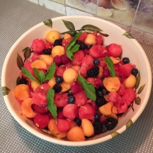 Melon Berry Fruit Salad with a Mint-Lime Dressing