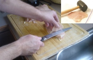 slicing chicken breast and flatting it with a robber mallet
