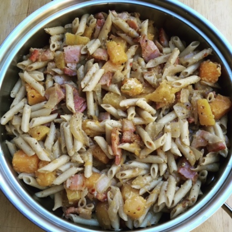 Gluten Free Penne with Roasted Butternut Squash and Smoked Bacon