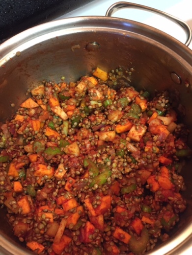 adding lentils and tomato paste 
